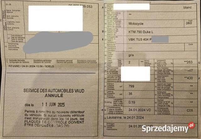 KTM 790 Duke L 2024 rama z dokumentami do Szczerbice