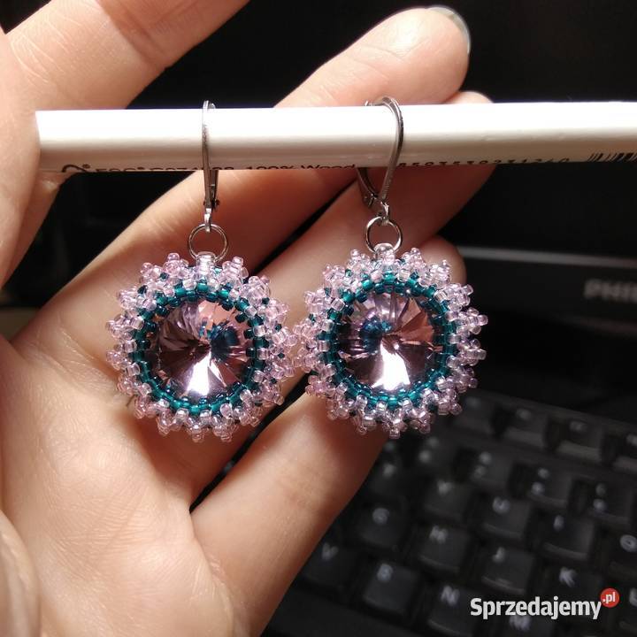 Kolczyki handmade różowo morskie ze szklanych Kolczyki Kolbuszowa