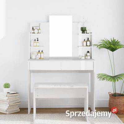 vidaXL Toaletka z lustrem, biała, wysoki połysk, 96x40x142 cm