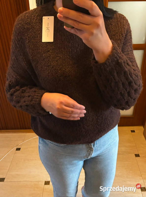 Sweter damski z grubym splotem gorzka czekolada