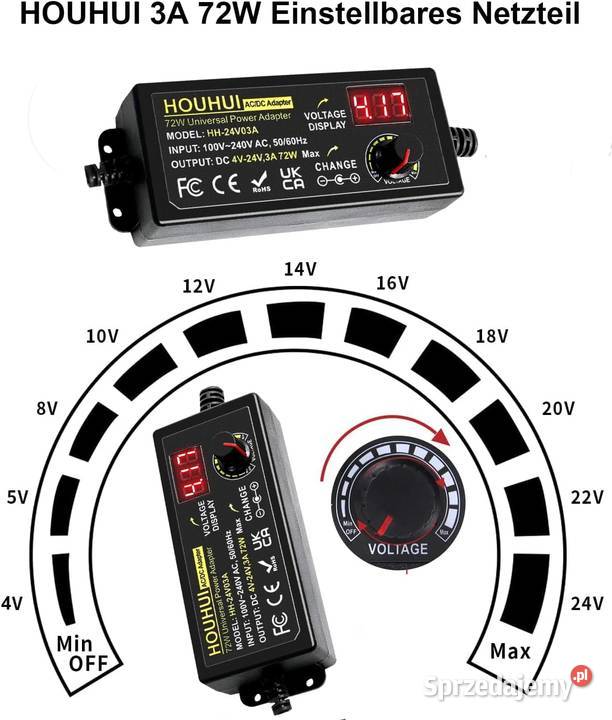 HOUHUI Regulowany zasilacz sieciowy 3 A 72 W