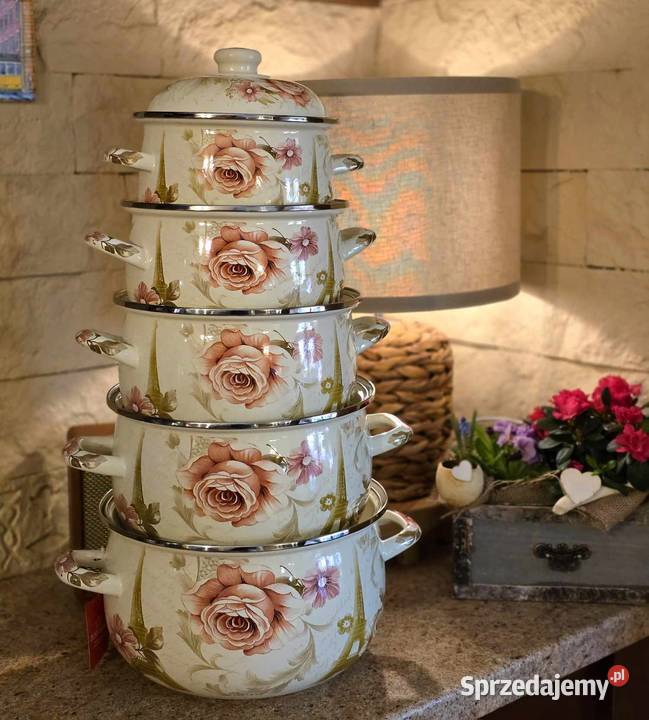 199 Garnki duże emalia róże śląskie Zabrze