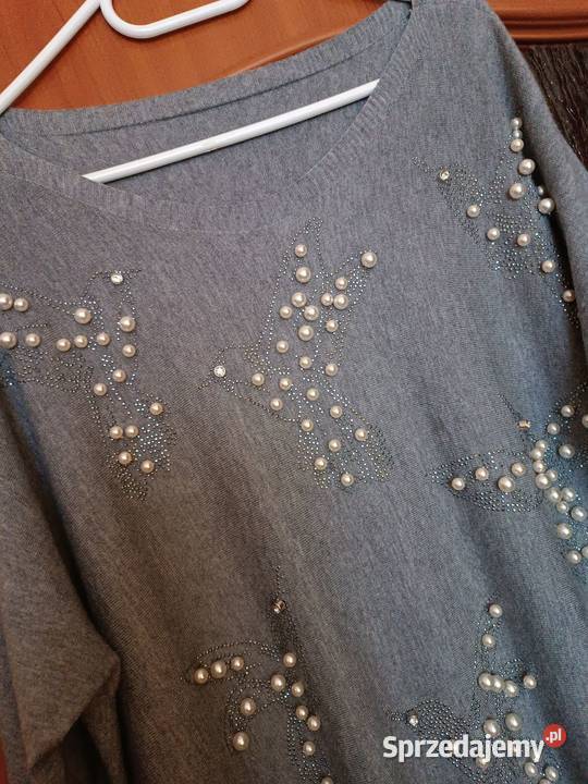 Sweter szary z ozdobnymi perełkami wiskoza Rozmiar 54 Cieszyn