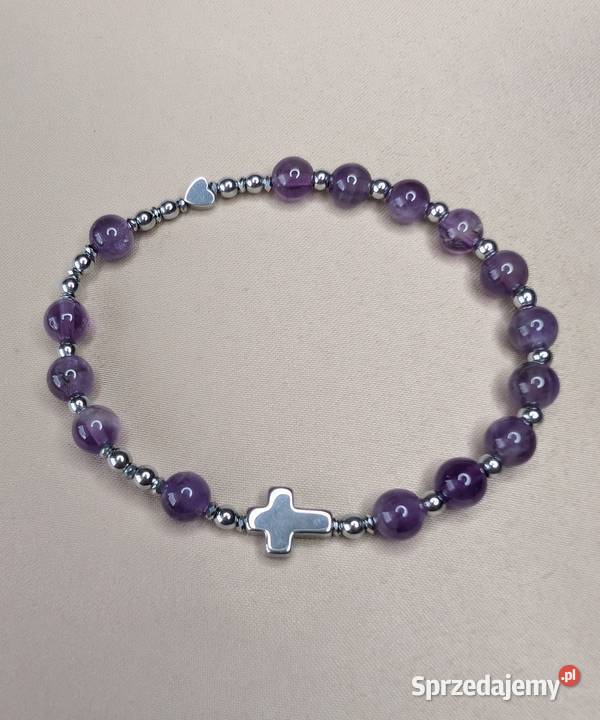 Bransoletka różaniec kamienie ametyst krzyżyk Zegarki i Biżuteria