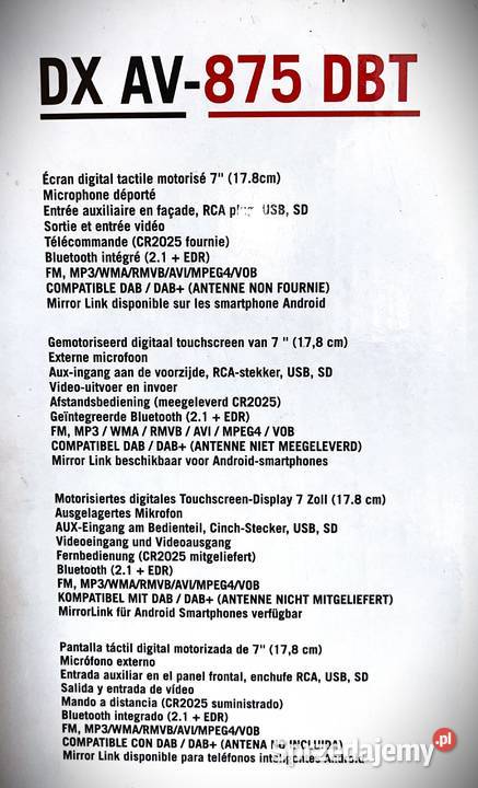 Radio 1DIN Norauto DX AV875 DBT 7 Ekran dotykowy