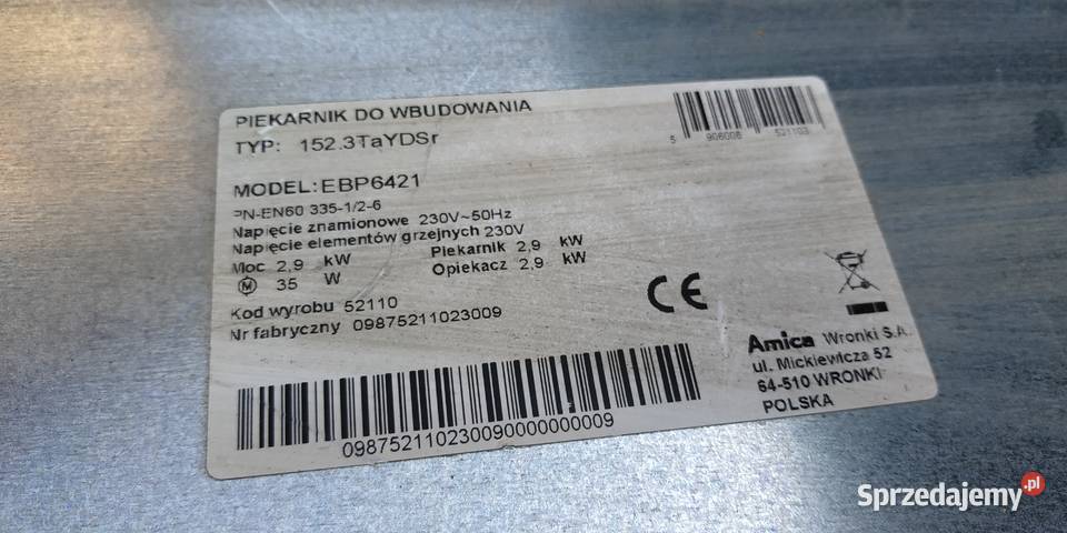 PIEKARNIK AMICA EBP6421 DO ZABUDOWY Srebrny 59.5cm Kuchenki i piekarniki sprzedam