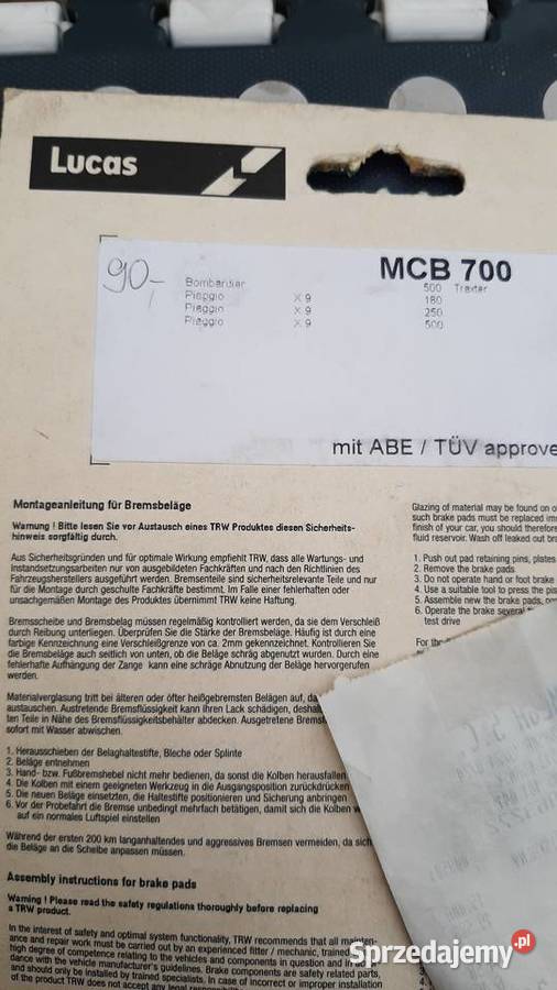 Klocki hamulcowe tylne MCB700 LUCASTRW lubelskie Lublin sprzedam