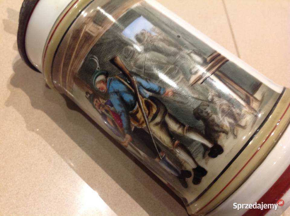 Stary Porcelanowy Kufel Myśliwskil z cynową Nowa Sól