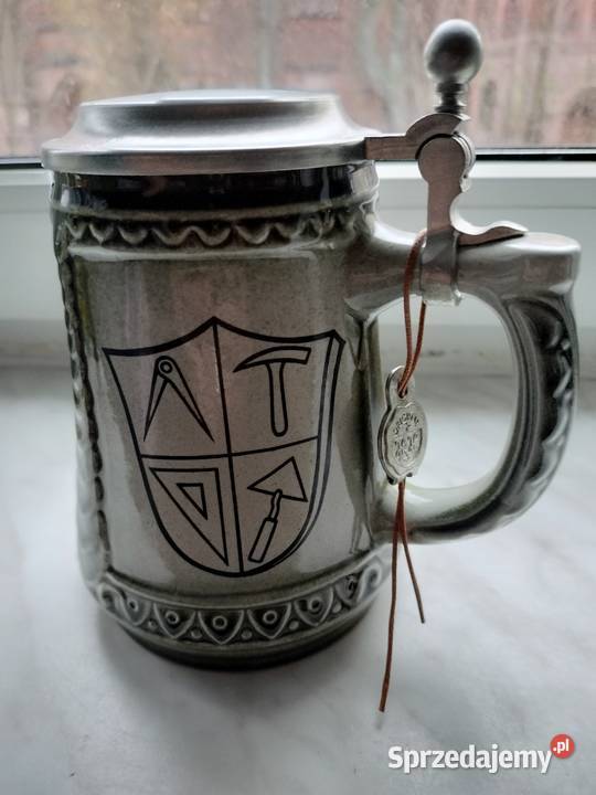 Duży kufel gliniany z deklem z cyny Jerz Choszczno