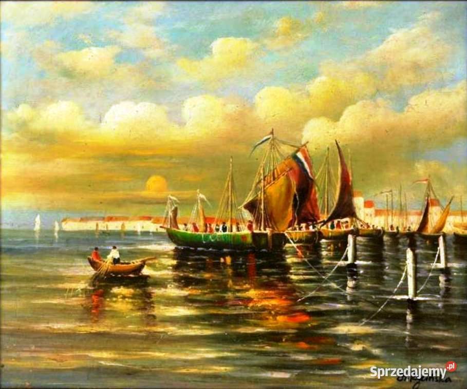 Duży obraz olejny na płycie Połów w Porcie wym sprzedam