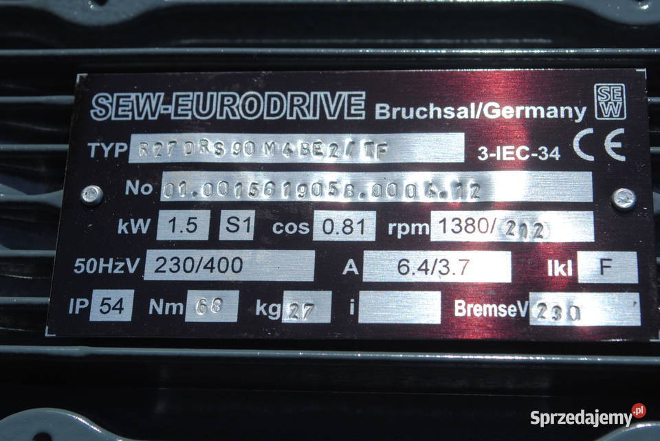 Motoreduktor 15kw 212obrmin z hamulcem Firmy SEW Pozostałe Kargowa