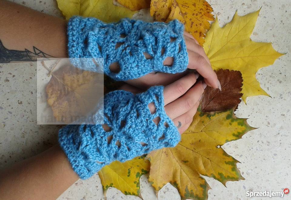 Rękawiczki mitenki niebieskie na szydełku Dla kobiet sprzedam