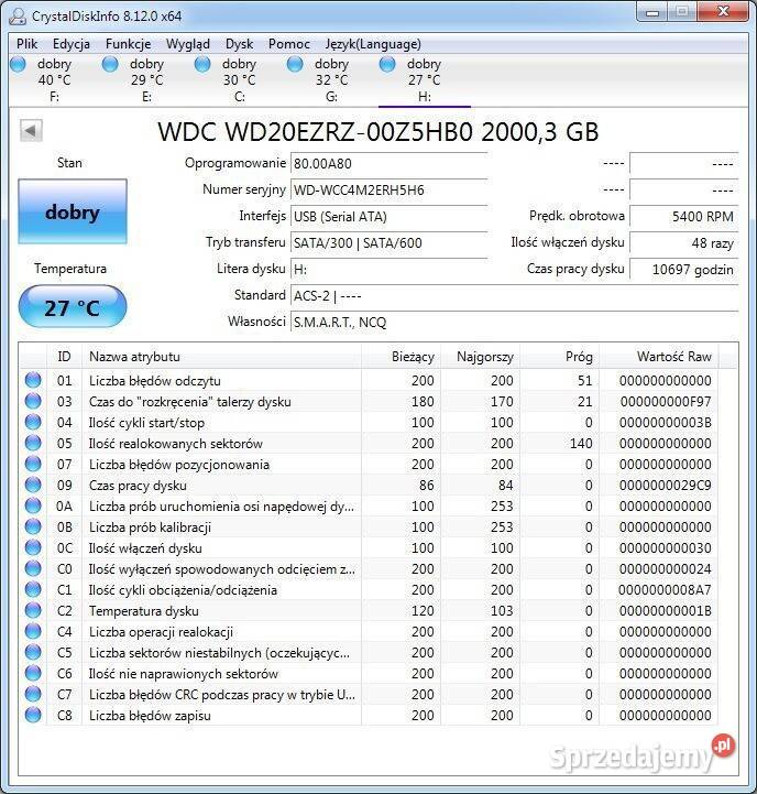 Dysk 2TB SATA III WD20EZRZ 5400RPM 3,5” Tomaszów Lubelski sprzedam