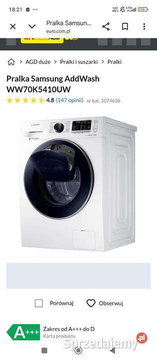 Pralka Samsung Eco bubble 7 1200obr A Digital sprzedam