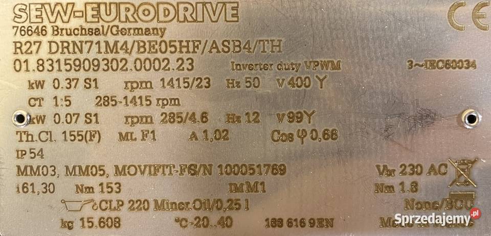 motoreduktor przekładnia 037kW 23obr 3fazowy Pigża sprzedam