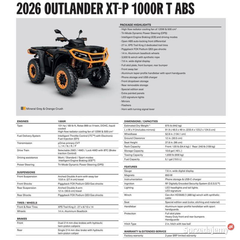 CanAm Outlander XTP T ABS 1000R T3B 2026 4HTC Nowy Sącz sprzedam