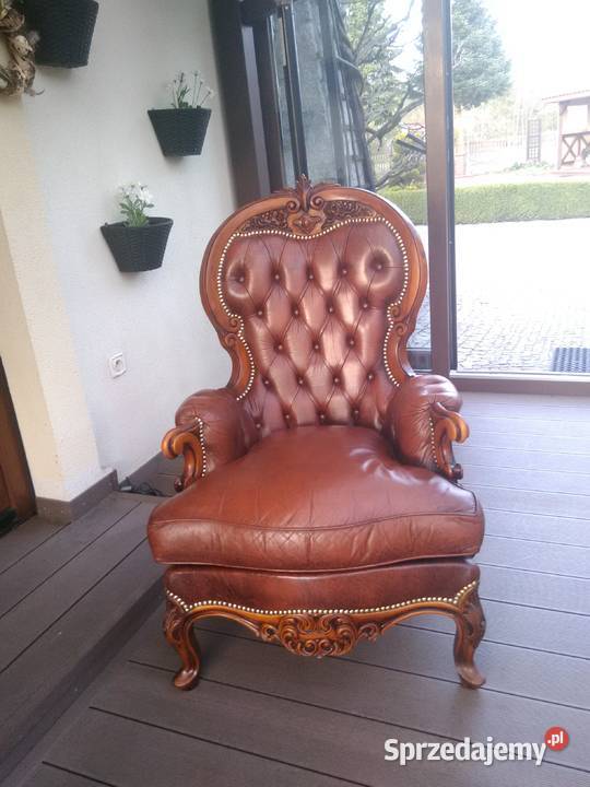 Fotel LudwikBarok Rzeźbione Skóra Antyk Stan