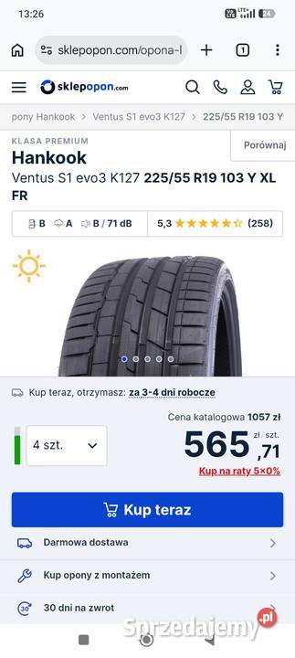 Nowe opony letnie Hankook Ventus S1 Evo3 ev małopolskie Książ Wielki sprzedam