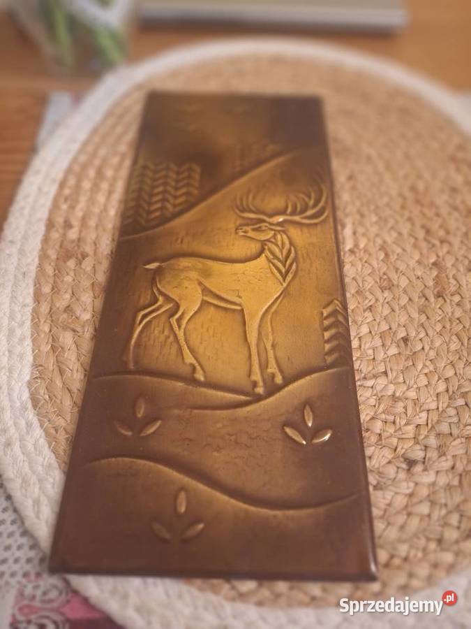 Płaskorzeźba vintage tłoczona na miedzi podkarpackie Strzyżów