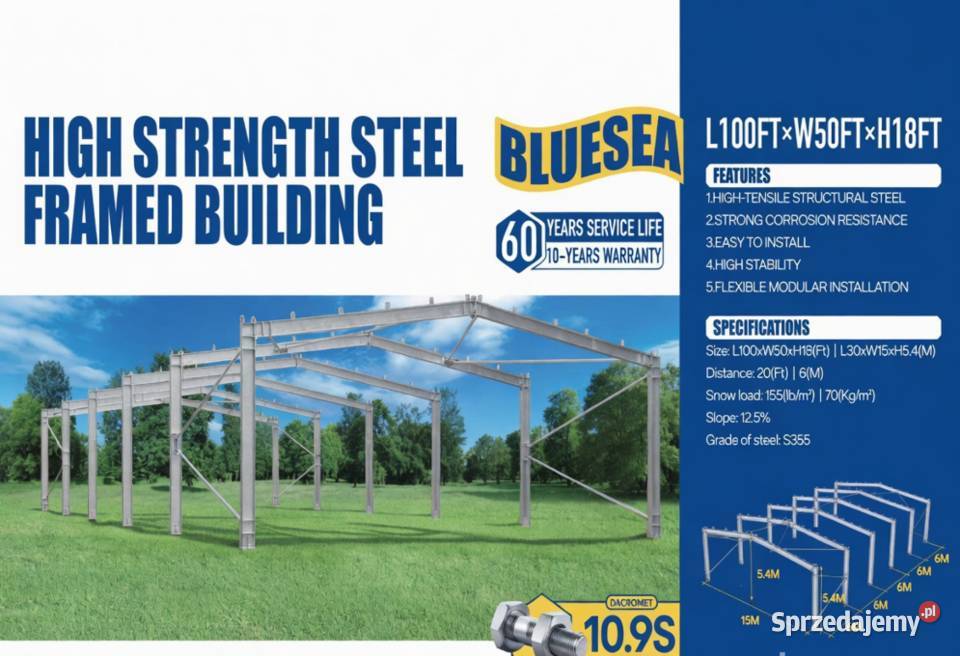 Hala BLUESEA 30x15x54 m budynek szkieletowy stal Zaklików