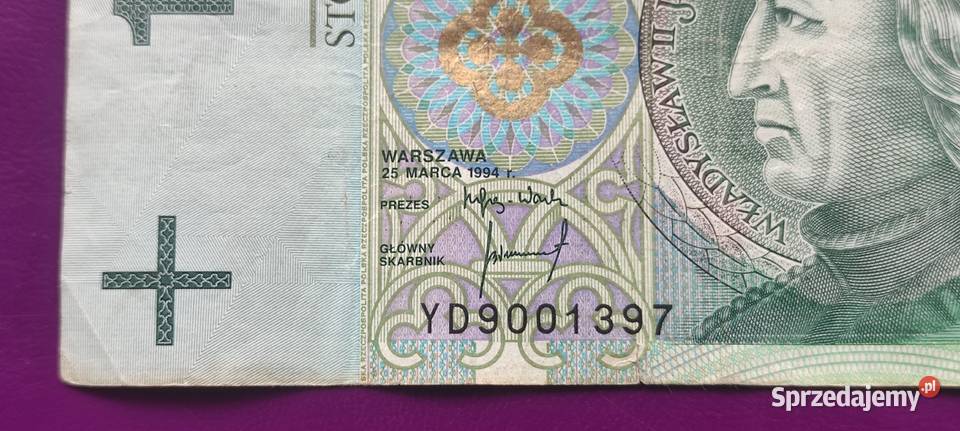 Banknot 100 1994 seria YD Zastępcza seria 14 Numizmatyka Pruszków