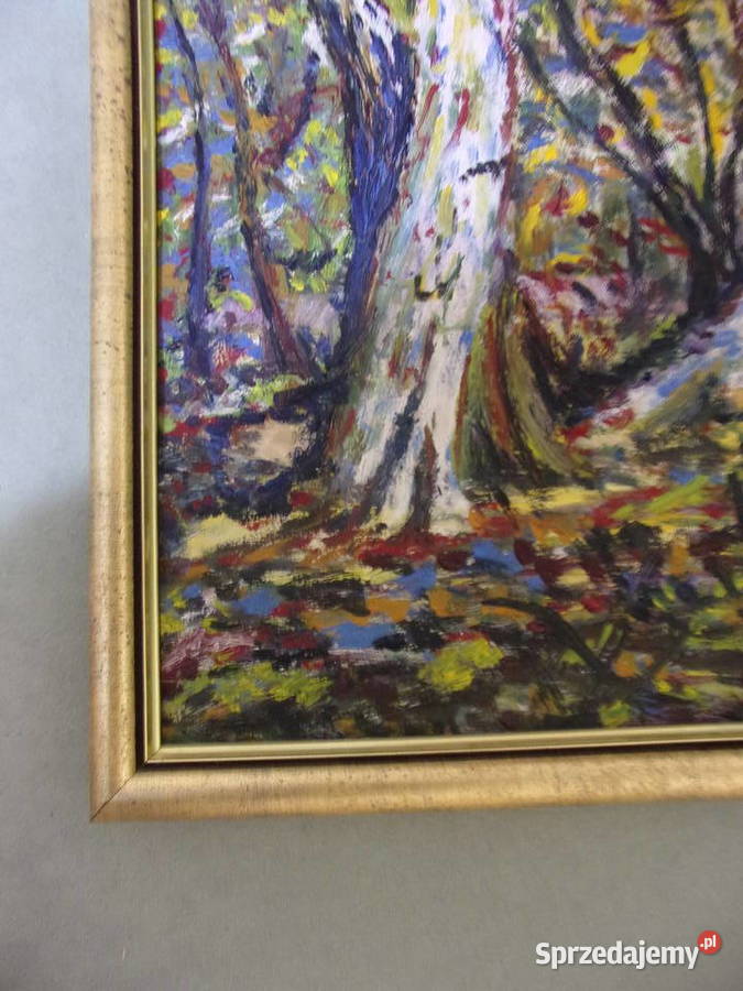 ładny stary olejny obraz Brzozowy Las rama mazowieckie Warszawa