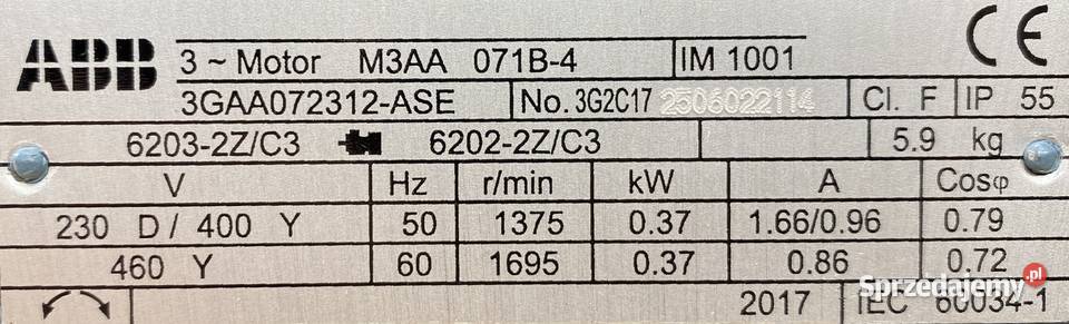 silnik elektryczny 037kW 1375obr 3fazowy WEG kujawsko-pomorskie Pigża