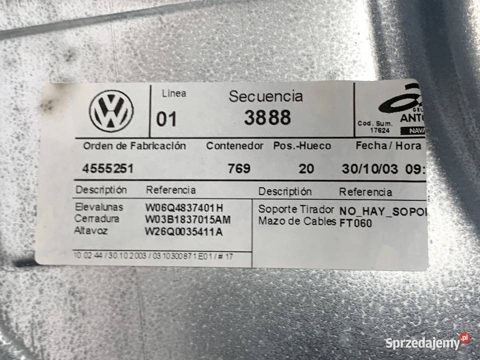 PODNOŚNIK SZYBY LEWY PRZÓD VW POLO IV 9N