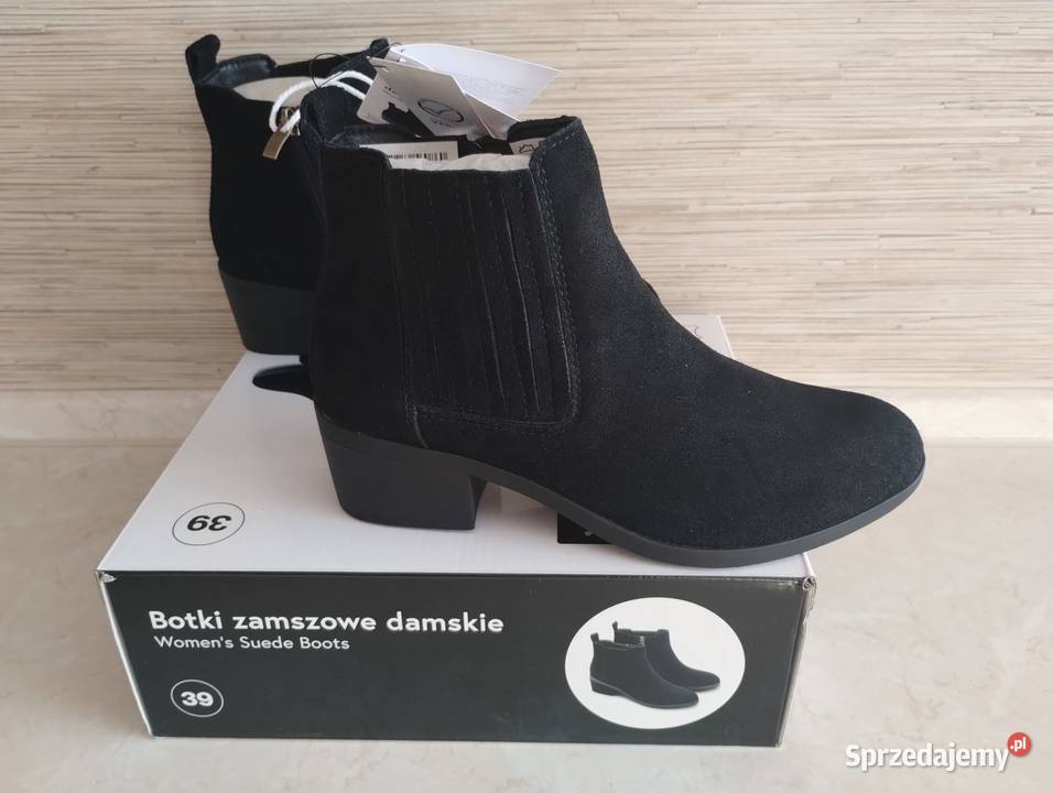 NOWE Buty damskie zamszowe botki CZARNE 39 skóra czarny