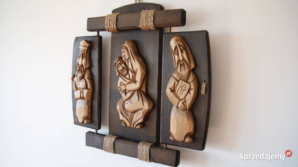 Duży tryptyk płaskorzeźba drewno rękodzieło sprzedam
