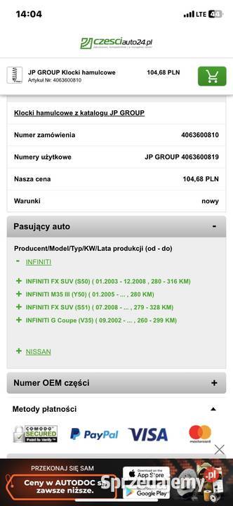 Klocki hamulcowe Nissan Murano Infiniti Warszawa