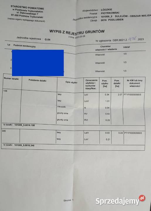 Sprzedam las z gruntem 231 ha gmina Sulejów woj Podlubień