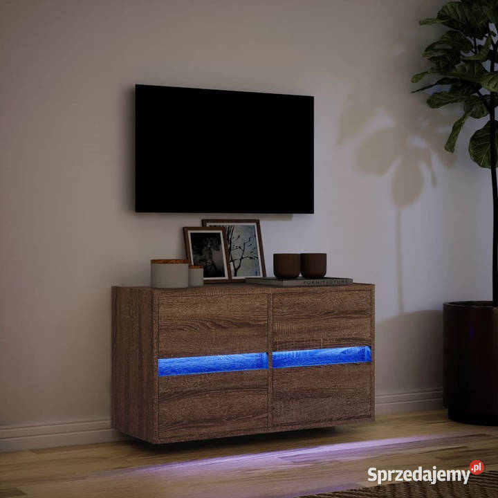 Ścienna szafka TV z LED brązowy dąb 80x31x45 mazowieckie Warszawa