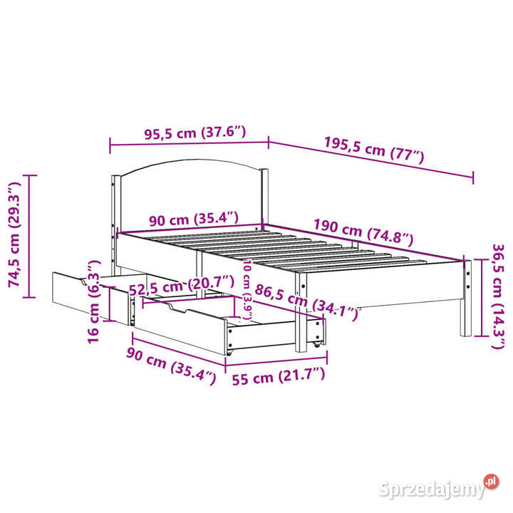 Rama łóżka bez materaca biała lite drewno 95cm Łóżka mazowieckie
