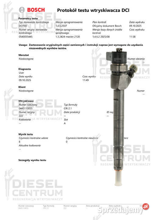 WTRYSKIWACZ BOSCH 0445110055 MERCEDES 27 22 CDI Miszewo