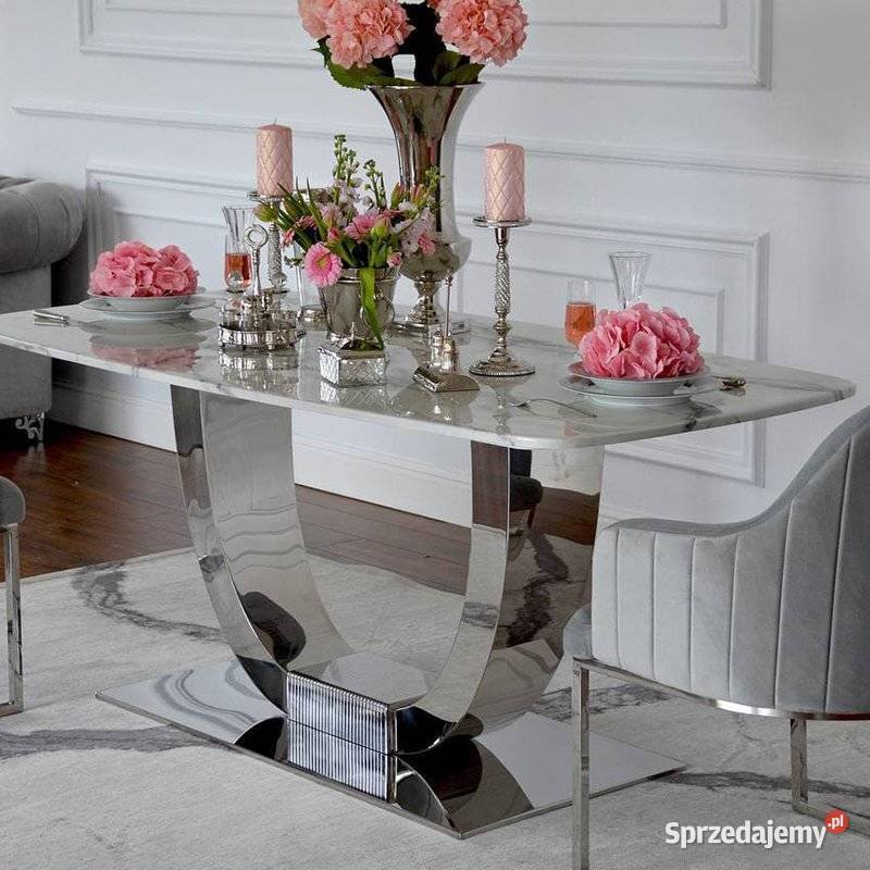 Stół glamour srebrny z marmurowym białym blatem Warszawa