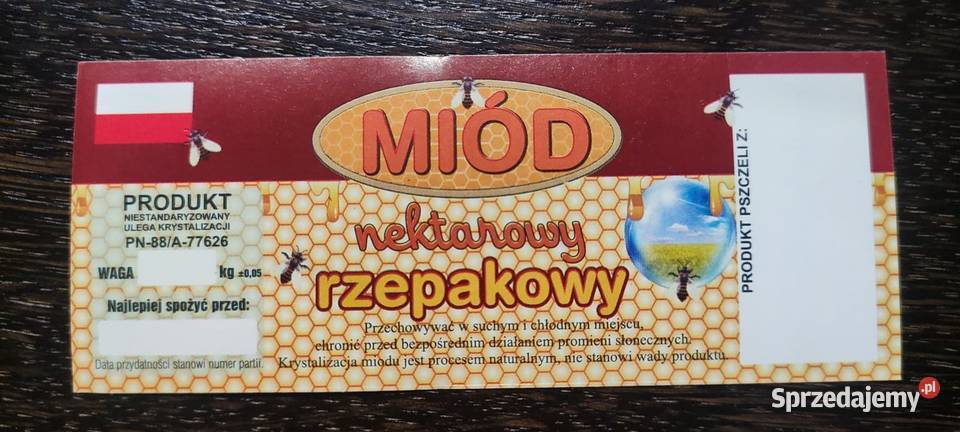 Etykieta na miód NEKT RZEPAKOWY 50x116mm 100 łódzkie Łódź sprzedam