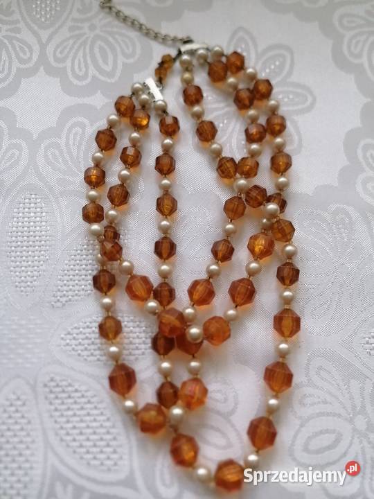 Koralenaszyjnik plastikowy perły z bursztynami Korale Łódź