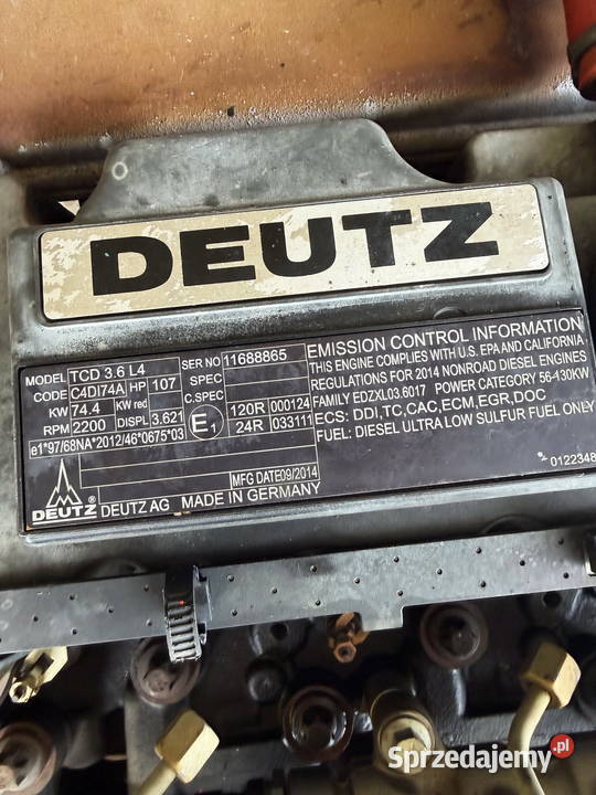 silnik DEUTZ TCD 36 L4 Turbo 101 produkcji 2014 łódzkie