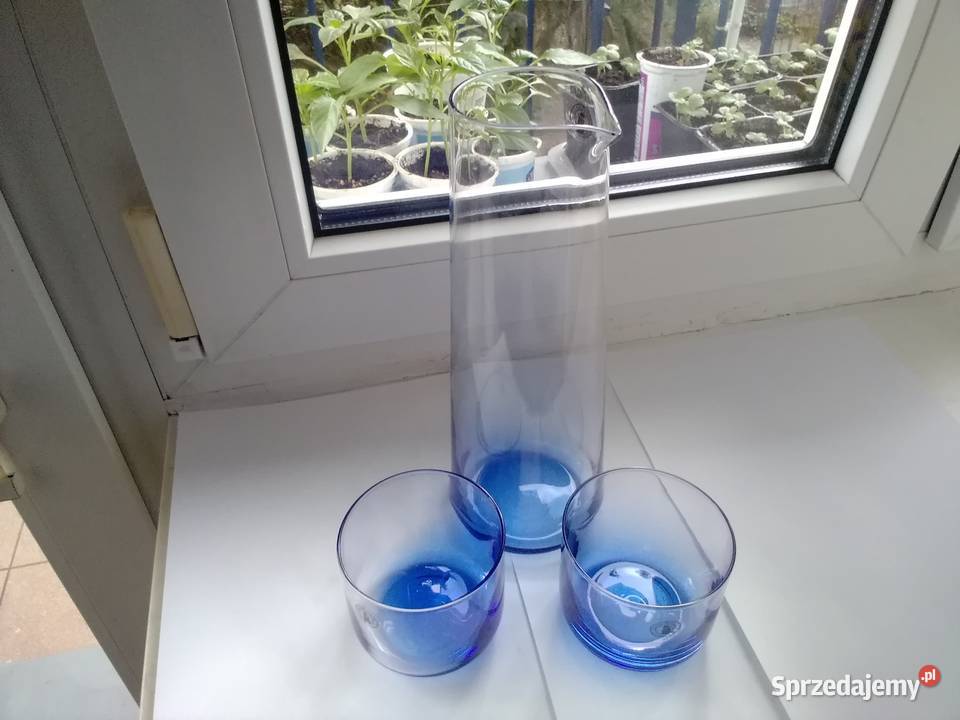 dzbanek szklany z dwoma szklaneczkami niebieskie Łódź