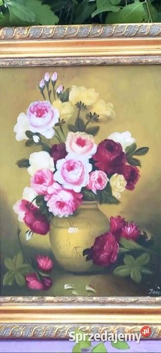 Stylowy Obraz Olej Płótno Kwiaty Bukiet Złota Malarstwo Pabianice