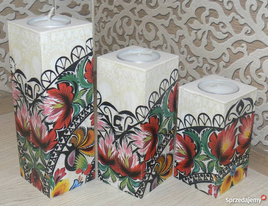 3 duże świeczniki Maki róże lawenda prezent odcienie zieleni mazowieckie