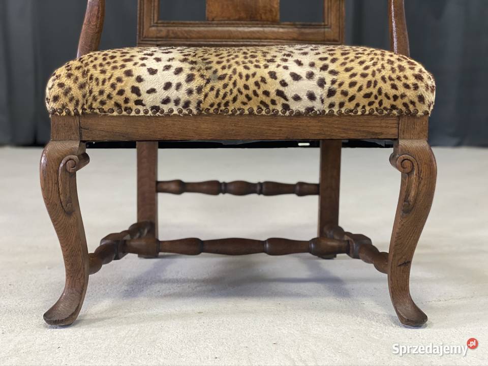Klasyczny fotel dębowy siedzisko w panterkę 111cm Budno