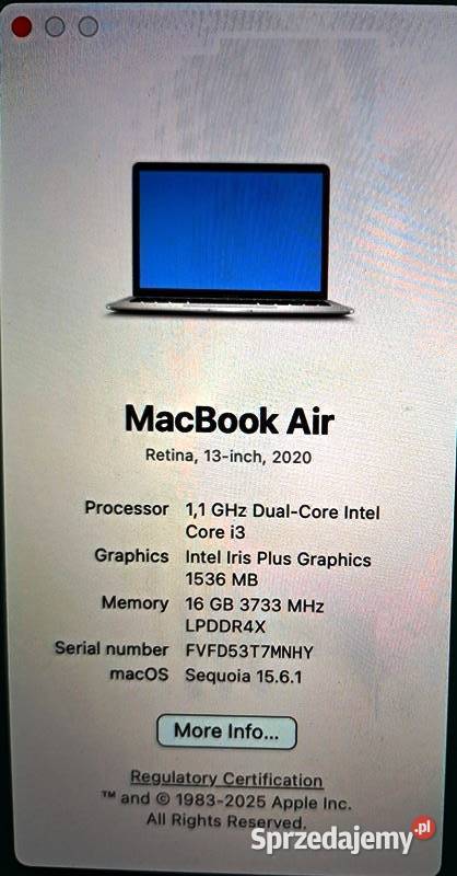 MacBookAir91 proc Intel i3 16Mb 256 ssd 133 inch Apple dolnośląskie Oborniki Śląskie