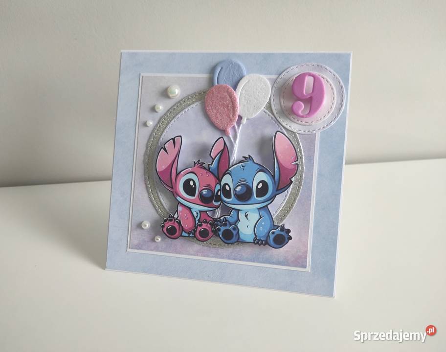 Kartka ręcznie robiona na urodziny Stich i Angel