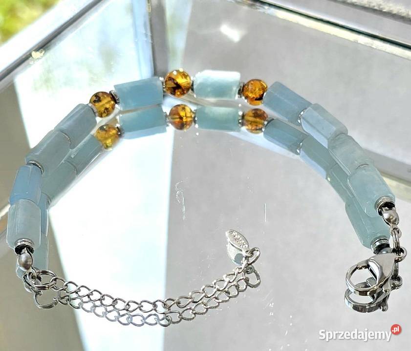 Bransoletka Bursztyn kamień Akwamaryn stal na Łódź