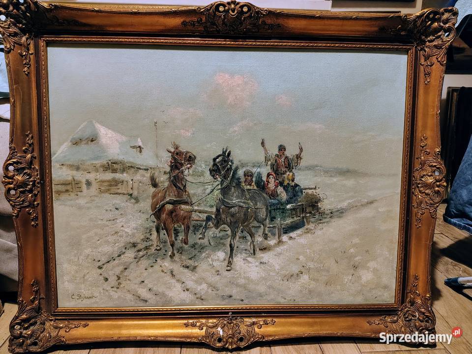 Stary obraz olejny Zimowy Kulig