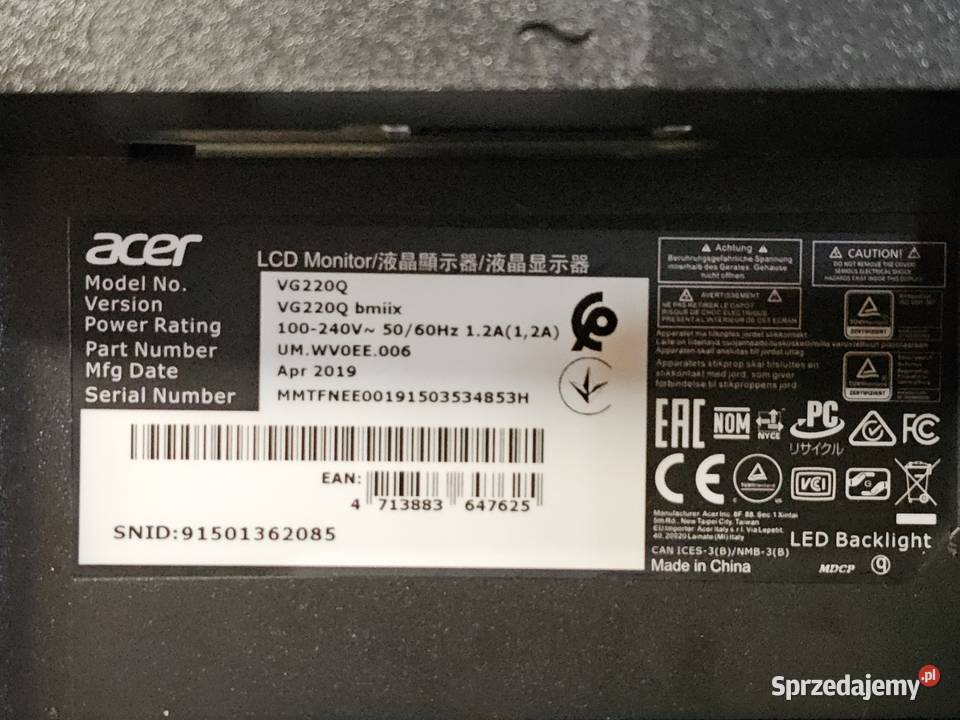 Monitor Acer Nitro VG220Q 215 1920 X 1080px IPS małopolskie Grybów