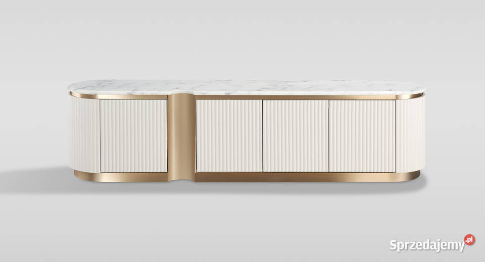 Ryflowana szafka RTV złota biała z blatem Golkowice