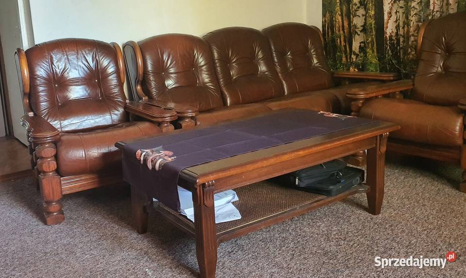 Meble dębowe skórzane 311 ława zegar plus lampa Leżajsk